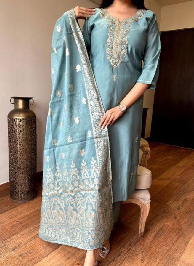 Viscose Chanderi Sky Blue Festival Wear Embroidery Work Readymade Suit